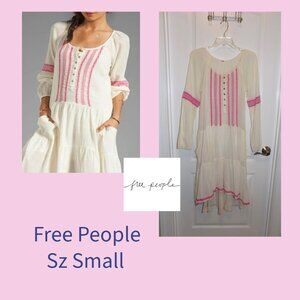 FREE PEOPLE UO Off-white Pink Gauze Peasant Dress Prairie Boho Small
